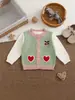 Cárdigan de punto de algodón puro para bebé y niño pequeño, estilo dos piezas falsas para niñas, cuello redondo con bloques de color, suéter dulce de corazón y cereza, chaqueta 100% algodón