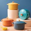 Olla Esmaltada Retro de Rayas Verticales, Bol Grande de Cerámica Estilo Japonés para Fideos Instantáneos con Tapa, Olla para Estofado con Doble Asa Anti-quemaduras, Bol para Arroz de Cafetería Estudiantil