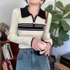 [Qualidade Tmall] Elegante suéter de malha com zíper, gola polo color block e mangas compridas para mulheres, novo estilo outono slim fit