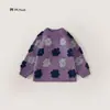 Suéter Feminino com Flor 3D, Novo Top de Tricô com Manga Raglan Outono/Inverno, Suéter Pulôver Floral Color-Block para Crianças Pequenas