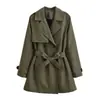Comércio Exterior Transfronteiriço Spot Estilo Europeu e Americano Roupas Femininas Inverno 2025 Nova Moda Verde Militar Corta-vento de Botão Duplo com Cinto
