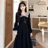 Vestido de Color Block con Mangas Abullonadas de Cintura Alta Estilo Francés para Mujer, Vestido de Longitud Media con Cordones para Otoño e Invierno, Vestido de Talla Grande con Dobladillo Amplio
