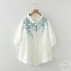 Ropa de Verano 2025 Estilo Japonés Camisa de Gasa de Algodón de Manga Tres Cuartos para Mujer Holgada Flor Bordada Algodón Puro Camisa de Manga Corta