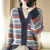 Cárdigan de punto para otoño e invierno para mujer, nuevo suéter de punto versátil de estilo étnico vintage, abrigo de rayas holgado para mujer