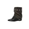 Remaches Hebilla Europea Estilo Nuevo Botines Botas de Pierna Botas Otoño Invierno Mujer Tacón de Bloque Punta Puntiaguda 2026 Cinturón Retro
