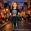 Conjunto de Saia Curta de Tela com Estampa de Esqueleto para Halloween Meninas Roupa de Performance para Festival Infantil com Meia-Calça e Manoplas Conjunto de Quatro Peças