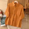 Camisa de Algodón y Lino de Color Sólido Estilo Vintage Verano 2026 para Mujer, Camisa Artística de Color Lavado con Cuello de Solapa, Top Elegante Ligero