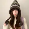 Gorro de Punto Estilo Fair Isle para Mujer con Circunferencia de Cabeza Grande para Otoño e Invierno, Gorro de Lana Estilo Étnico para Protección contra el Frío y Calidez, Gorro con Pompón para Adelgazar la Cara y Protección de Orejas