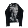 Subcultura Oscura Estampado de Retrato Desgastado Camiseta de Manga Corta Larga Estilo Gótico Punk Cuello Redondo Camiseta Básica de Chica Atrevida