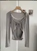 KEKEZOON Camiseta Manga Longa Feminina Patchwork de Renda com Bolinhas e Cordão Falso Duas Peças Doce Slim Fit Outono Inicial 9073