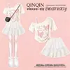Conjunto de Saia Curta Estilo College de Verão para Meninas, Design Assimétrico no Ombro, Manga Curta, Doce, Fofo, com Laço e Acabamento em Renda