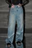 Calça Jeans Reta Wide Leg, Linhas em Corte Enviesado, Calça de Sarja Afinando Barra Desfiada, Nova Tendência Primavera e Outono