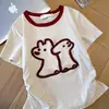 Camiseta Curta Bordada de Manga Curta Color-Blocking Estilo Retrô Americano para Mulheres, Verão 2026, Top Cropped de Alta Qualidade Slim Fit