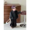 Ropa para Bebé Niños Niñas Estilo Coreano Moda Chaleco de Cuero Pantalones con Estampado de Leopardo Conjunto de Tres Piezas Unisex Primavera Otoño Conjunto Rayado para Niños