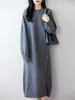 Vestido Casual de Lana Pura para Mujer, Otoño e Invierno Engrosado Cuello Redondo Botón Lateral Holgado Por Encima de la Rodilla Vestido Suéter de Punto Midi