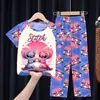 Comercio Exterior Pijamas Infantiles Primavera y Verano Manga Corta Pantalones Trajes para Niños Dibujos Animados Lindo Stitch Ropa de Casa para Niñas Ola