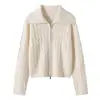 Novo Casaco de Lã Feminino Outono/Inverno com Zíper Duplo e Gola Reversível, Cardigan Tricotado Espesso de Malha Dupla com Manga Longa em Padrão Twist Retrô
