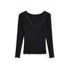 Playera Base Sexy Ajustada de Color Sólido Estilo Deseo Puro para Mujer Encaje con Costuras de Cuello en V Manga Larga Estilo Ligeramente Maduro Camiseta Top