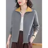 Cárdigan de punto con solapa para otoño e invierno, nuevo para mujer 2026, talla grande, bloque de color, top con solapa, ropa para madre, abrigo suéter con cremallera