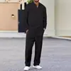 Conjunto Casual Masculino Camisa Polo Manga Longa com Zíper Parcial, Gola Reversível, Cor Sólida, Xadrez de Outono