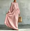 Vestido casual de algodón y lino con cinturón, estilo nuevo transfronterizo europeo y americano 2026, vestido de vacaciones de manga ancha, corte holgado, largo hasta el suelo