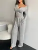 Amazon Comercio Transfronterizo Europa y América Comercio Exterior Nuevo Estilo Traje de Mujer Cuello en V Profundo Casual Manga Larga Top Corto Pantalones Largos Sueltos Traje
