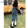 Saia Midi Jeans de Cintura Alta com Fenda Moda Verão Feminina Versátil Fina Pequena Vintage Evasê Saia de Quadril