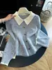 Elegante cárdigan de punto con cuello polo de estilo francés y bloques de color para mujer, nuevo top de manga larga para otoño e invierno