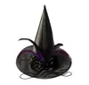 Nuevo Sombrero de Bruja de Gamuza para Halloween Cadena Decorativa de Plumas Moradas y Perlas Tafetán de Poliéster Bruja COS Halloween Transfronterizo