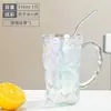 Copo de Vidro com Padrão de Geleira e Alça, Copo de Beber de Aparência Sofisticada com Tampa, Xícara de Chá com Colher, Caneca de Café de Alta Qualidade para Mulheres