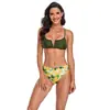 Traje de baño de bikini con tiras ajustadas, estampado, cintura alta pequeña, hombro en V, moda de baño de comercio exterior europeo y americano 2021