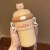 Vaso de Vidrio de Alta Apariencia para Niñas, Lindo Vaso con Popote 3D, Gran Capacidad, Botella de Agua Portátil Cruzada para Niños y Estudiantes