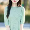 Nuevo tejido de punto de lana de hilo fino de manga corta con cuello redondo y patrón de gancho calado, suéter holgado para mujer, camiseta base