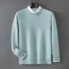 Suéter 100% caxemira pura para outono e inverno para homens, gola redonda, corte solto, malha simples business casual, camada base, suéter quente