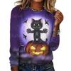 Camiseta de manga larga de Halloween para mujer, otoño e invierno, linda camiseta con estampado 3D de gato, diseño original, jersey para vacaciones