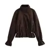 Chaqueta Corta de Motociclista para Mujer, Estilo Retro, Piel Sintética de Ciervo, Encaje Elástico, Cuello Alto, Ceñidor de Cintura, Volantes
