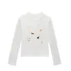 Camiseta de Manga Longa Feminina Estilo Novo Primavera e Outono Estampa de Gato Cachorro Desenho Slim Fit Versátil Gola Redonda Ombro Normal Top Camada Base