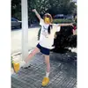 Shorts Casuais de Algodão Azul Marinho Estilo Americano para Mulheres, Verão Cintura Alta Perna Larga Emagrecedor Hot Pants