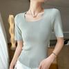 Camisa de cuentas curvas con cuello en U para mujer, suéter de manga corta, ajustado, combinable, de color sólido, para el cabello, primavera 2023