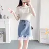 Nova Saia Jeans de Verão Top de Renda Ombro a Ombro Saia Jeans de Cintura Alta Conjunto Fashion de Duas Peças Patchwork Feminino