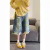 Jeans Rotos de Verano Estilo Retro Nuevo con Estampado de Dibujos Animados y Grafiti para Mujer, Talla Petite, Pantalones Cropped de Pierna Ancha de Gama Alta