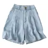Toma real de pantalones cortos de mezclilla Tencel de pierna ancha con cintura alta en línea A para mujer de talla grande, nuevos de verano, para uso en exteriores