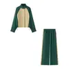 Conjunto Casual Color Blocking Europeu Feminino Jaqueta Curta Gola Alta Manga Raglan Calça Longa Reta com Cordão Conjunto de Duas Peças
