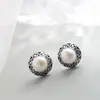 Pabellón Nafu Joyería de Plata al por Mayor Pendientes de Tachuela Vintage Desgastados de Plata de Ley 925 con Perlas Naturales de Agua Dulce Pendientes de Tachuela Redondos Simples