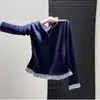 Camiseta de Manga Larga con Diseño de Patchwork a Cuadros Estilo Coreano Falso Dos Piezas para Mujer Primavera y Otoño Nuevo Top Delgado para Usar por Dentro/Fuera