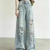 Jeans rectos rasgados de estilo americano para mujer, nuevos pantalones holgados de pierna ancha vintage adelgazantes para primavera y otoño