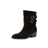 Botas vaqueras de gamuza estilo británico 2026 otoño/invierno tacón grueso tacón medio punta redonda versátil hebilla botas cortas de cuero genuino para mujer
