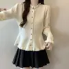 Cardigan Tricotado de Design Suave Estilo Francês com Borda Franzida para Mulheres, Casaco Suéter Grosso Emagrecedor que Marca a Cintura para Outono e Inverno, Elegante e Versátil