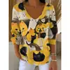 Estación Independiente Transfronteriza Europea y Americana Nueva Camiseta de Moda para Mujer Estampado 3D Color Degradado Cuello en V Manga Larga Top Verano Europeo y Americano