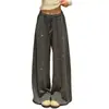 Pantalones de arroz con leche gris brillante, pantalones casuales para caminar, de cintura alta, fluidos, pantalones suaves y cómodos, pantalones rectos holgados, pantalones casuales de pierna ancha
